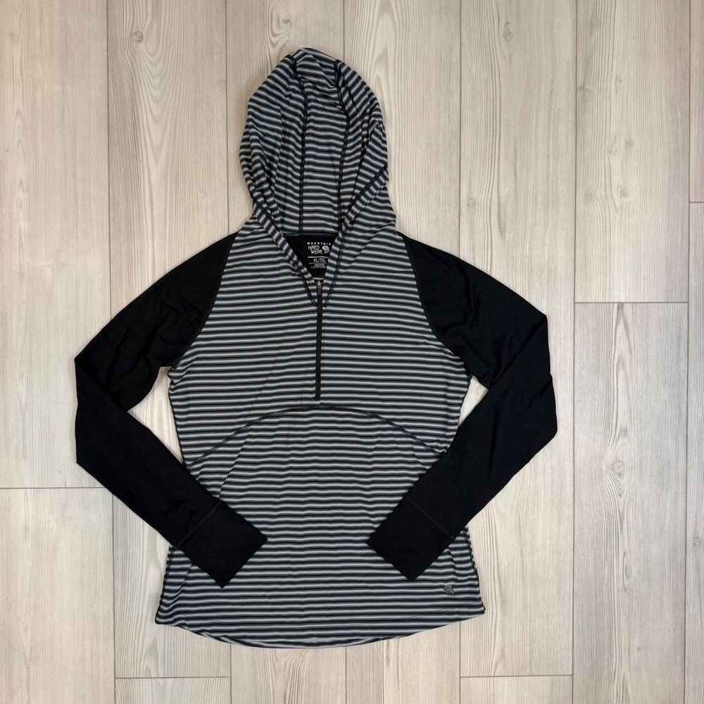 Mountain Hardwear Butterlicious Hoodie Women XL Striped 1/4 Zip Black Thumbholes
